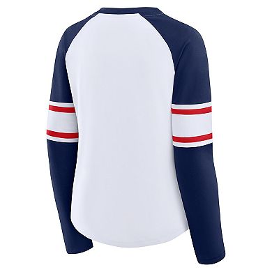 Women's Fanatics White/Navy Atlanta Braves Blitz Package Raglan Lace-Up V-Neck Long Sleeve T-Shirt