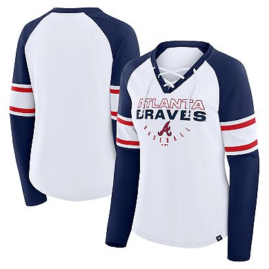 Women's Fanatics White/Navy Atlanta Braves Blitz Package Raglan Lace-Up V-Neck Long Sleeve T-Shirt