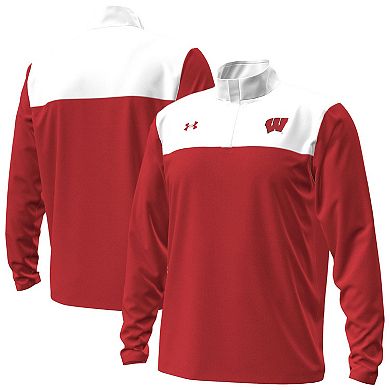 Men's Under Armour Red/White Wisconsin Badgers Green Blocked Quarter-Zip Pullover