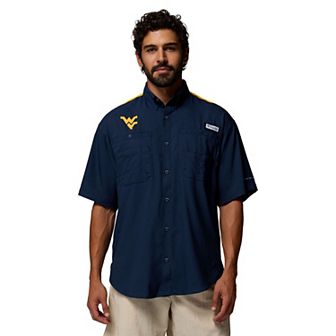 Men's Columbia Navy West Virginia Mountaineers Tamiami Colorblock Omni-Shade Button-Down Shirt