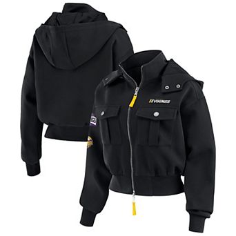 Women's WEAR by Erin Andrews Black Minnesota Vikings Tri-Blend Patch Pocket Cropped Full-Zip Bomber Hoodie Jacket