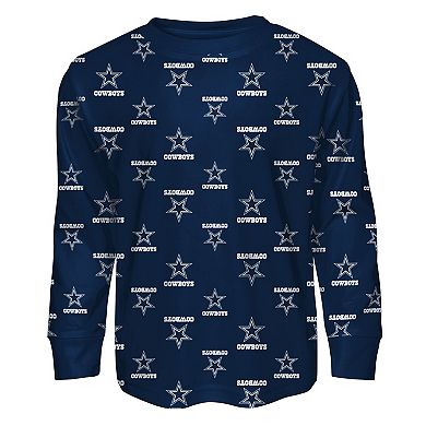 Youth Outerstuff Navy Dallas Cowboys All-Over-Print Long Sleeve T-Shirt and Pants Sleep Set