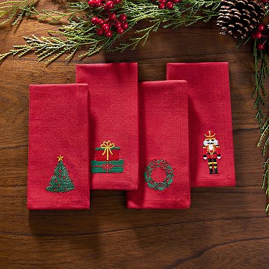 Elrene Home Fashions Holiday Embroidered Cotton Napkins, 17"x17", Set of 4