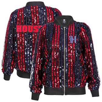 Women's Cuce Navy Houston Texans Two-Tone Sequin Striped Full-Zip Bomber Jacket