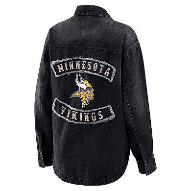 Women's WEAR by Erin Andrews Black Minnesota Vikings Washed Oversized Denim Full-Snap Shacket
