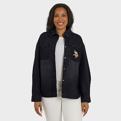 Women's WEAR by Erin Andrews Black Minnesota Vikings Washed Oversized Denim Full-Snap Shacket