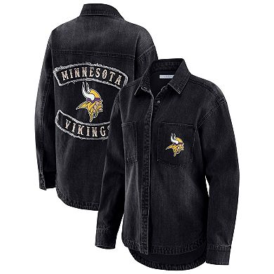 Women's WEAR by Erin Andrews Black Minnesota Vikings Washed Oversized Denim Full-Snap Shacket