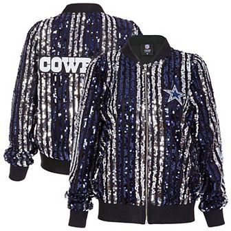 Women's Cuce Navy Dallas Cowboys Two-Tone Sequin Striped Full-Zip Bomber Jacket