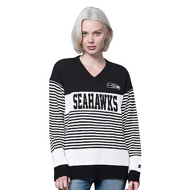Women's Starter Black Seattle Seahawks No Huddle Striped V-Neck Sweater