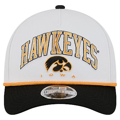 Men's New Era White/Black Iowa Hawkeyes Arch Two-Tone Rope 9FORTY A-Frame M-Crown Adjustable Hat