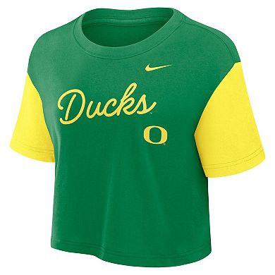 Women's Nike Green/Yellow Oregon Ducks Color-Block Script Dri-FIT Cropped T-Shirt