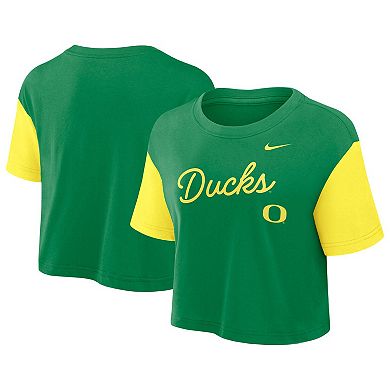 Women's Nike Green/Yellow Oregon Ducks Color-Block Script Dri-FIT Cropped T-Shirt