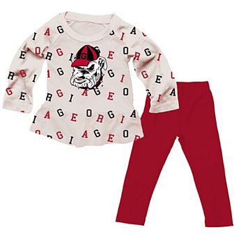 Girls Toddler Wes & Willy Oatmeal Georgia Bulldogs Ruffle Raglan Long Sleeve T-Shirt & Leggings Set