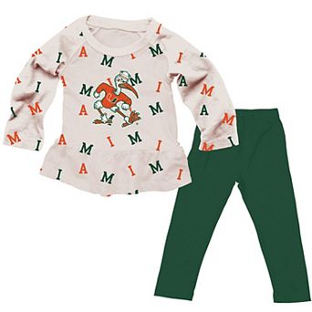 Girls Infant Wes & Willy Oatmeal Miami Hurricanes Ruffle Raglan Long Sleeve T-Shirt & Leggings Set