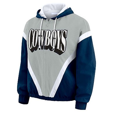 Women's WEAR by Erin Andrews Navy/Gray Dallas Cowboys Plus Size Retro Crinkle Full-Zip Hoodie Windbreaker Jacket