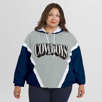 Women's WEAR by Erin Andrews Navy/Gray Dallas Cowboys Plus Size Retro Crinkle Full-Zip Hoodie Windbreaker Jacket