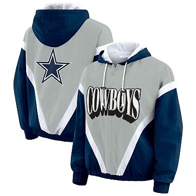 Women's WEAR by Erin Andrews Navy/Gray Dallas Cowboys Plus Size Retro Crinkle Full-Zip Hoodie Windbreaker Jacket