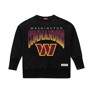 Women's Mitchell & Ness Black Washington Commanders Delineate Mineral Wash Crewneck Sweatshirt