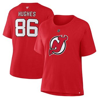Women's Fanatics Jack Hughes Red New Jersey Devils Authentic Stack Name & Number T-Shirt