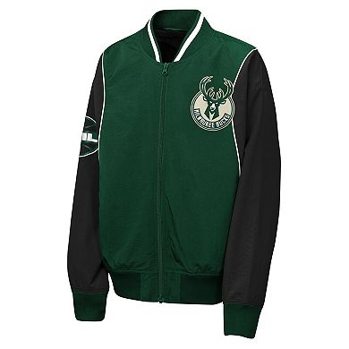 Youth Outerstuff Hunter Green/Black Milwaukee Bucks Two-Pointer Full-Zip Windbreaker