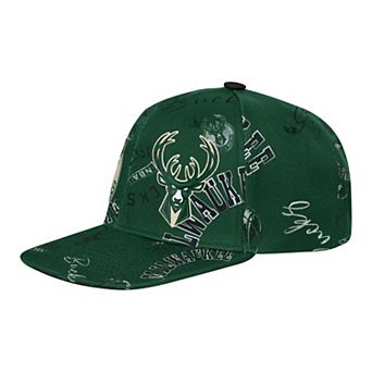 Youth Outerstuff Hunter Green Milwaukee Bucks Street Hooper Allover Print Snapback Hat