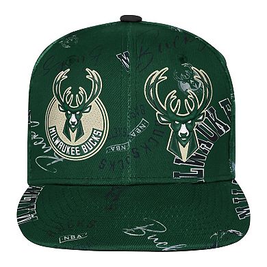 Youth Outerstuff Hunter Green Milwaukee Bucks Street Hooper Allover Print Snapback Hat