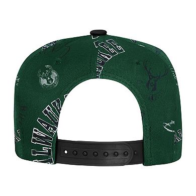Youth Outerstuff Hunter Green Milwaukee Bucks Street Hooper Allover Print Snapback Hat