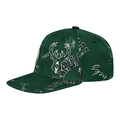 Youth Outerstuff Hunter Green Milwaukee Bucks Street Hooper Allover Print Snapback Hat