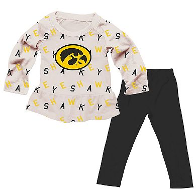 Girls Infant Wes & Willy Oatmeal Iowa Hawkeyes Ruffle Raglan Long Sleeve T-Shirt & Leggings Set