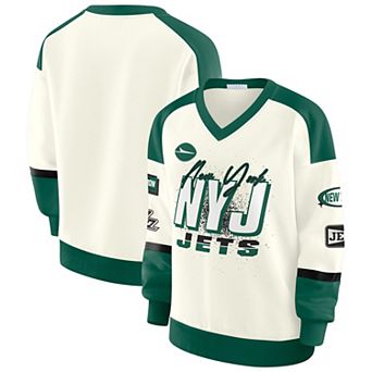 Women's WEAR by Erin Andrews Cream New York Jets Racing Crew V-Neck Sweatshirt