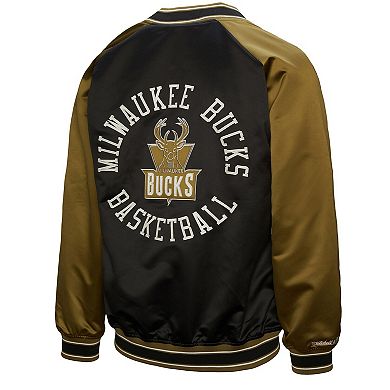 Men's Mitchell & Ness Olive Milwaukee Bucks Clutch Satin Raglan Full-Snap Jacket