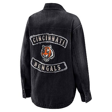 Women's WEAR by Erin Andrews Black Cincinnati Bengals Washed Oversized Denim Full-Snap Shacket