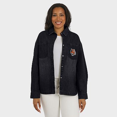 Women's WEAR by Erin Andrews Black Cincinnati Bengals Washed Oversized Denim Full-Snap Shacket