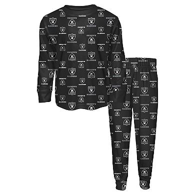 Toddler Outerstuff Black Las Vegas Raiders All-Over-Print Long Sleeve T-Shirt and Pants Sleep Set