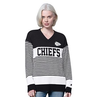 Women's Starter Black Kansas City Chiefs No Huddle Striped V-Neck Sweater