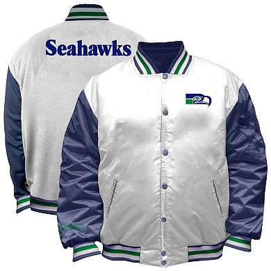 Women's Mitchell & Ness White Seattle Seahawks Throwback Plus Size Full-Snap Satin Jacket