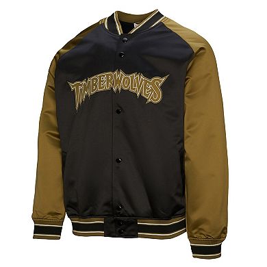Men's Mitchell & Ness Olive/Black Minnesota Timberwolves Clutch Satin Raglan Full-Snap Jacket