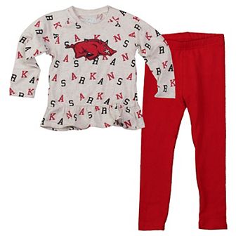 Girls Infant Wes & Willy Oatmeal Arkansas Razorbacks Ruffle Raglan Long Sleeve T-Shirt & Leggings Set