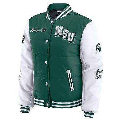 Women's WEAR by Erin Andrews Green Michigan State Spartans Varsity Full-Snap Puffer Jacket