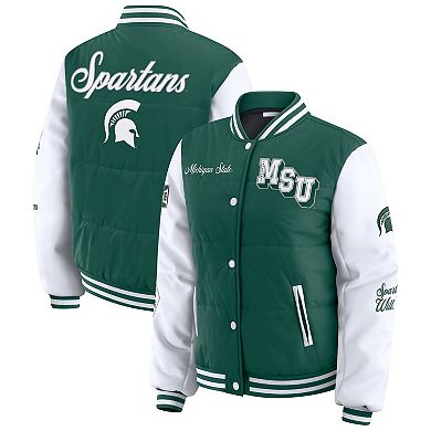 Women's WEAR by Erin Andrews Green Michigan State Spartans Varsity Full-Snap Puffer Jacket