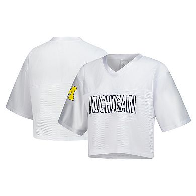 Women's ZooZatz White Michigan Wolverines Mesh Cropped V-Neck T-Shirt