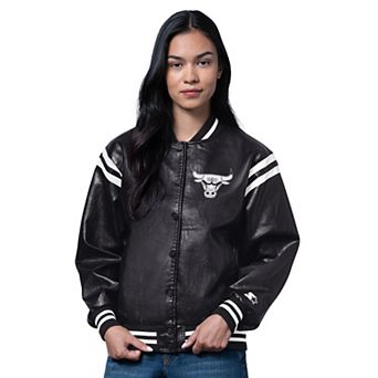 Women's Starter Black Chicago Bulls High Heat Leather Varsity Full-Snap Jacket