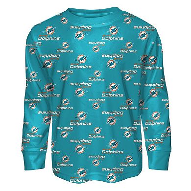 Youth Outerstuff Aqua Miami Dolphins All-Over-Print Long Sleeve T-Shirt and Pants Sleep Set