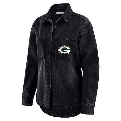 Women's WEAR by Erin Andrews Black Green Bay Packers Washed Oversized Denim Full-Snap Shacket