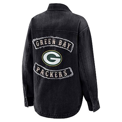 Women's WEAR by Erin Andrews Black Green Bay Packers Washed Oversized Denim Full-Snap Shacket