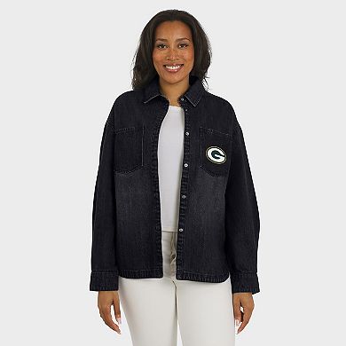 Women's WEAR by Erin Andrews Black Green Bay Packers Washed Oversized Denim Full-Snap Shacket
