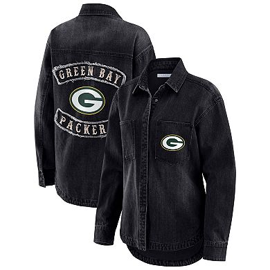 Women's WEAR by Erin Andrews Black Green Bay Packers Washed Oversized Denim Full-Snap Shacket