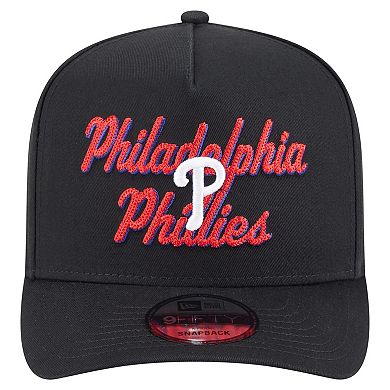 Men's New Era Black Philadelphia Phillies Chainstitch 9FIFTY A-Frame Snapback Hat
