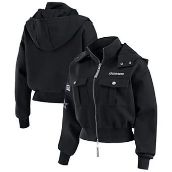 Women's WEAR by Erin Andrews Black Dallas Cowboys Tri-Blend Patch Pocket Cropped Full-Zip Bomber Hoodie Jacket
