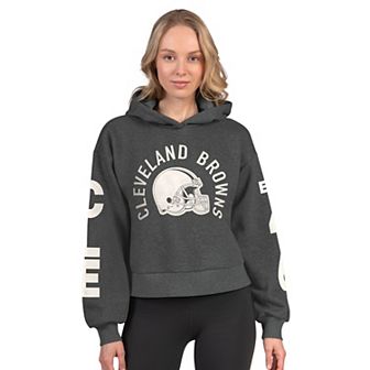 Women's Starter Heather Charcoal Cleveland Browns Star Player Cropped Fleece Pullover Hoodie